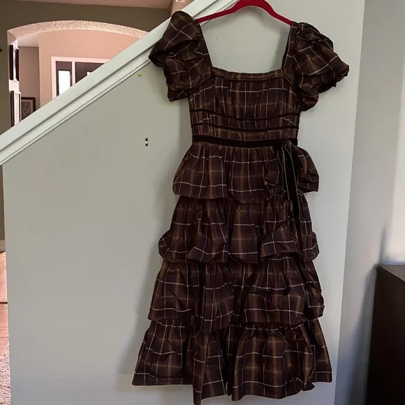 Antonio Melani Maisie Plaid Print Square Neck Puff Sleeve Ruffle Midi Dress - Picture 4 of 13